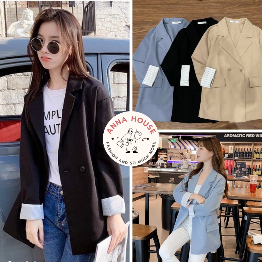 Áo blazer nữ 1 lớp tay dài xắn gấu kẻ tay, Áo blazer nữ cổ vest một lớp form rộng túi nắp 2 cúc ngang dài tay pha kẻ