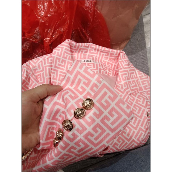 Áo Khoác Vest Hai Hàng Nút Họa Tiết Hình Học Nhỏ Màu Hồng Phong Cách Âu Mỹ Thời Trang 2022 Chất Lượng Cao