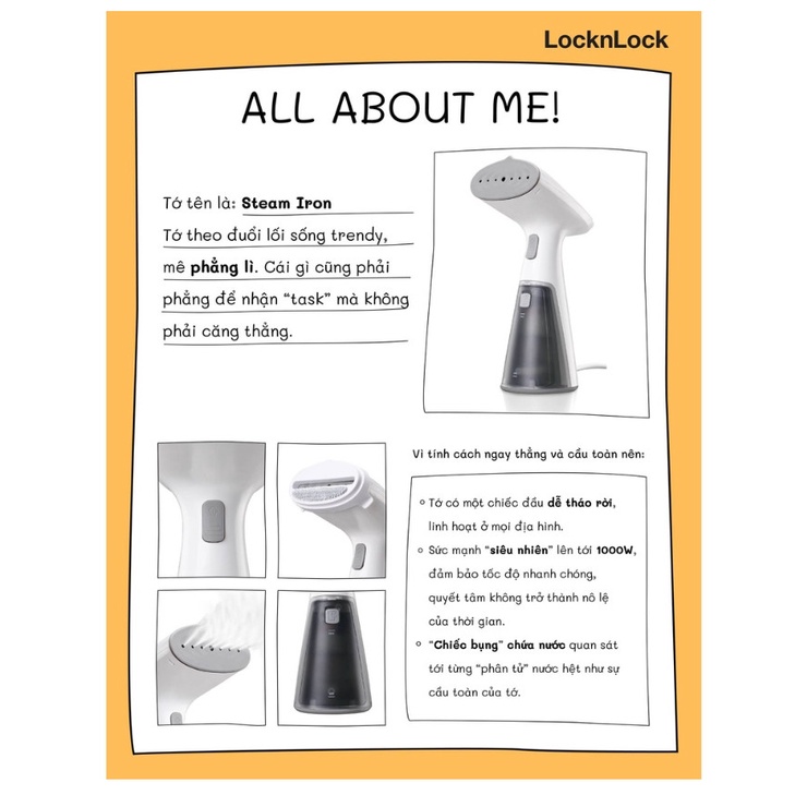 ENI148WHT- Bàn ủi hơi nước cầm tay Locknlock, Mini handy steamer 220-240 V, 50/60 Hz, 1000 W,120 ml - Màu trắng