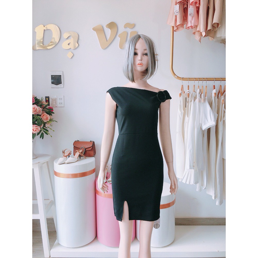 VÁY ÔM BODY ĐEN VẸT VAI SẺ TÀ ĐƠN GIẢN SIÊU SANG