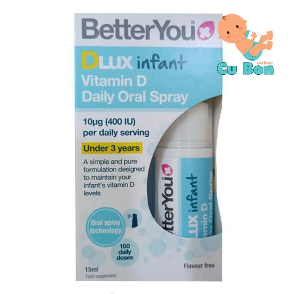 Vitamin D3 Dlux betterYou dạng xịt 15ml của Anh cho trẻ từ sơ sinh đến 3 tuổi giúp hấp thu ngay trong miệng thơm ngon