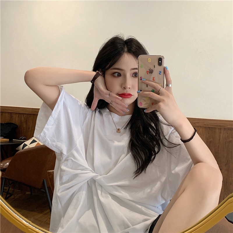 SUXI Áo Thun Tay Ngắn Dáng Rộng Màu Trơn Phong Cách Hàn Quốc