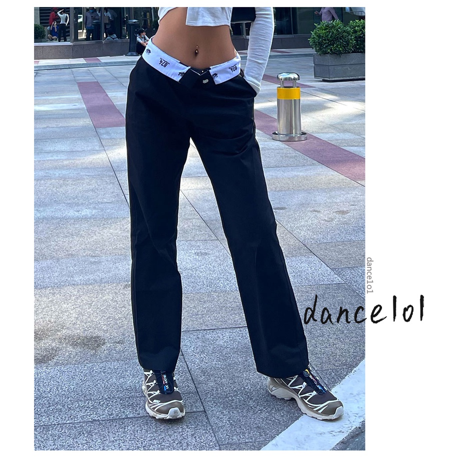 Quần dài lưng thấp in số và chữ phối màu phong cách cá tính thời trang cho nữ