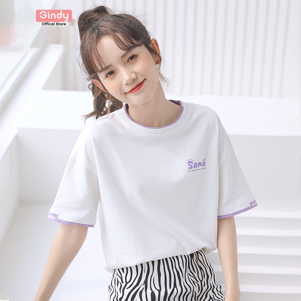 Áo thun cotton nữ tay lỡ form rộng GINDY cổ tròn basic unisex thoáng mát thời trang xuân hè 2022 A006