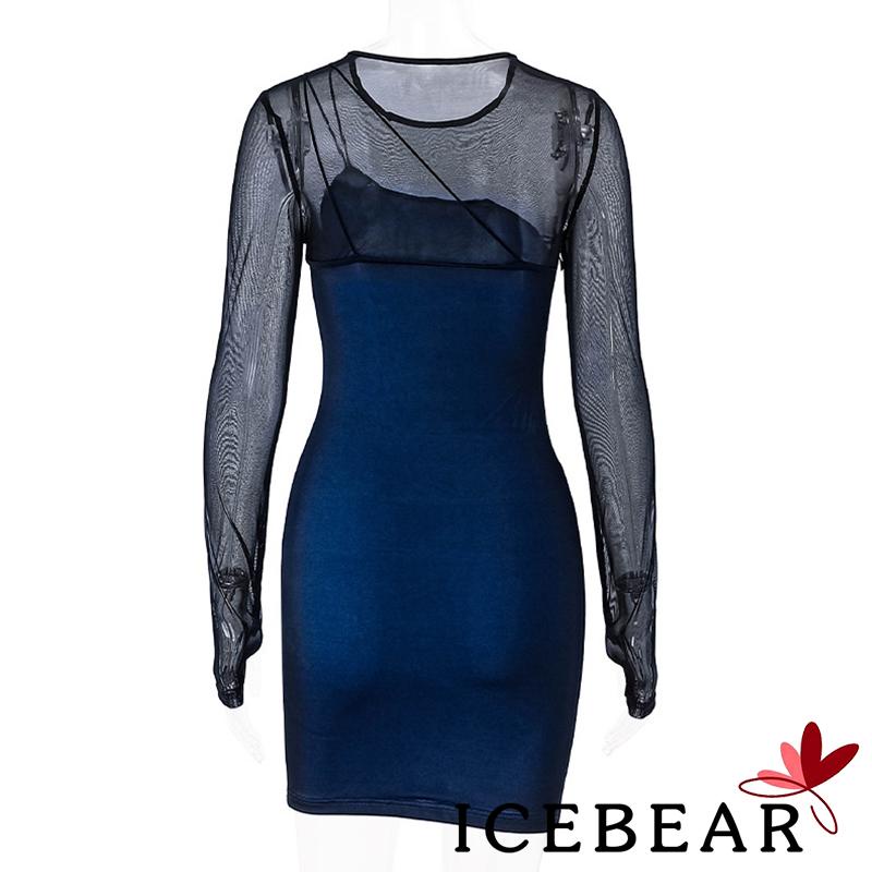 Đầm Tay Dài Cổ Tròn Phối Lưới Xuyên Thấu Thời Trang Quyến Rũ Cho Nữ