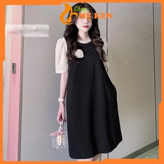 Váy bầu đẹp - đầm bầu công sở dáng suông đen hoa ngực phối tay voan freesize tới 70kg BN42 - Shop Mẹ Ken