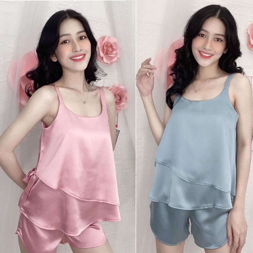 Bộ đồ pijama mặc nhà lụa satin cao cấp quần đùi áo 2 dây thời trang - CRSB004