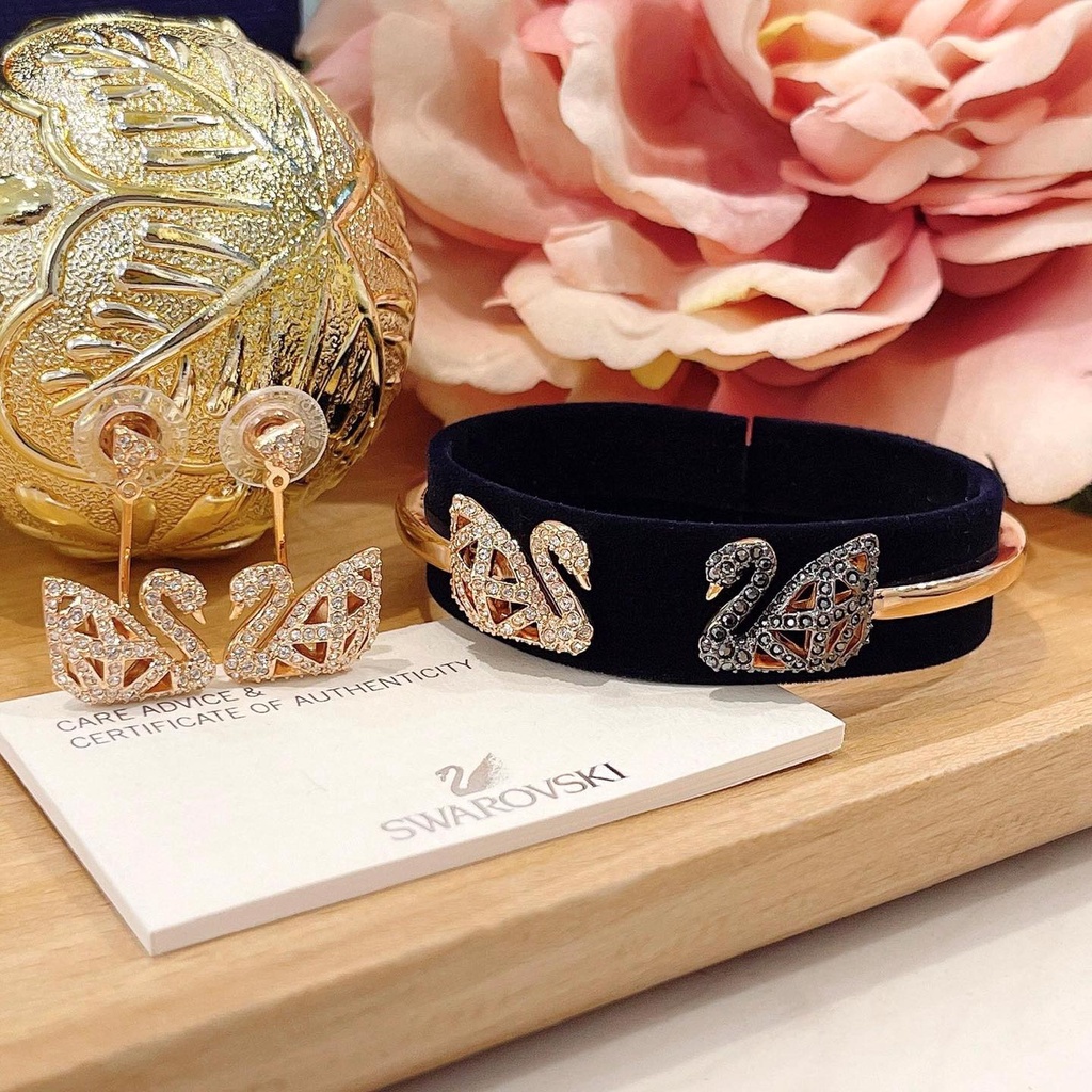 Khuyên tai nữ, trang sức swarovski thiên nga dáng lưới màu vàng hồng đeo 2 kiểu, tinh tế fullbox_thien_nga_viet_nam