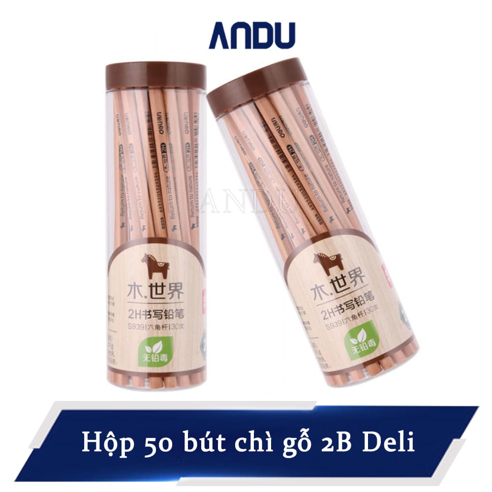 Hộp 50 Bút Chì Gỗ 2B DeLi Cho Bé, Bút Chì Chuốt Bằng Gỗ Đầu Lục Giác Tiện Dụng