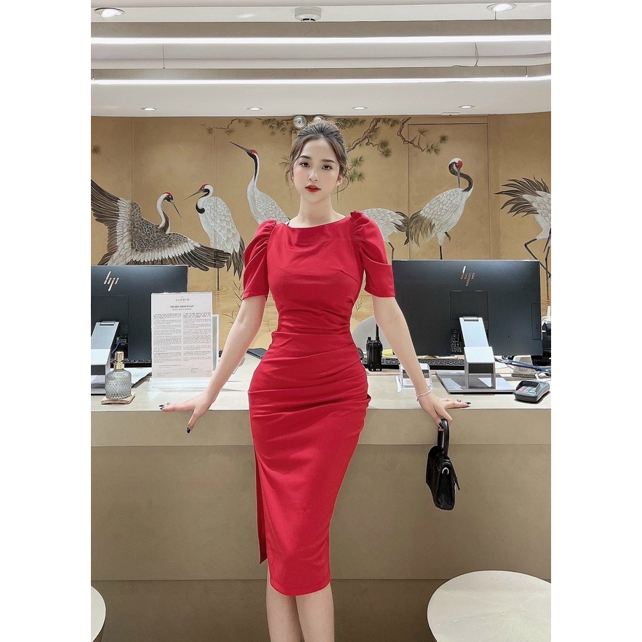 Đầm nữ Midi tay phồng xẻ tà màu sắc (Vàng, Trắng, Đen, Đỏ) thanh lịch, sang trọng thích hợp đi chơi, dự tiệc
