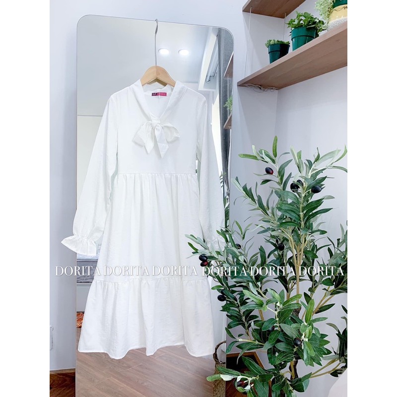 Váy trắng dài cổ nơ, Váy đũi trắng cổ nơ dáng dài phong cách Hàn Quốc | BigBuy360 - bigbuy360.vn