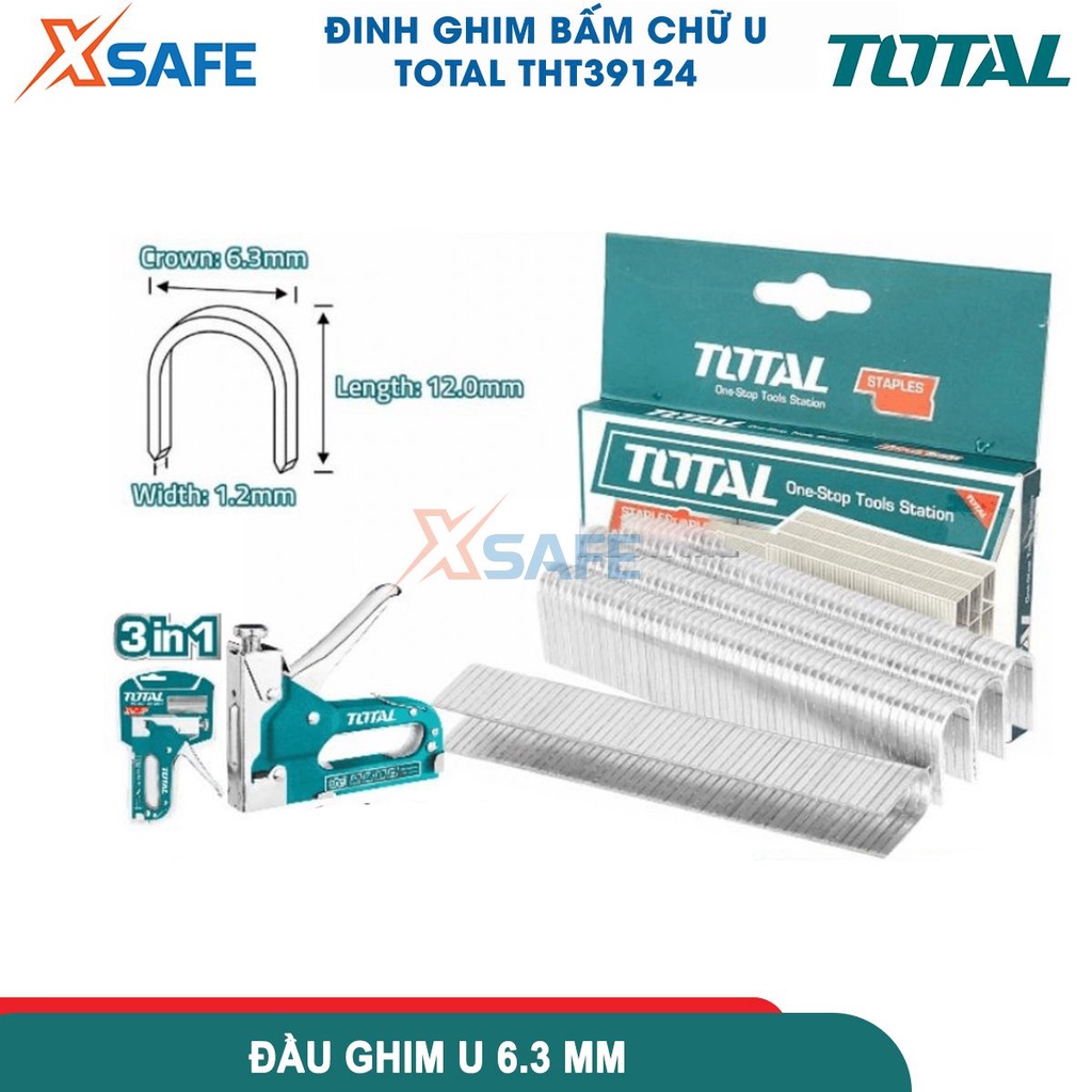 Đinh ghim bấm chữ U TOTAL THT39124 1000cái/ hộp, đầu ghim 6.3mm, chiều rộng 1.2mm, dùng cho kìm bấm ghim THT31143
