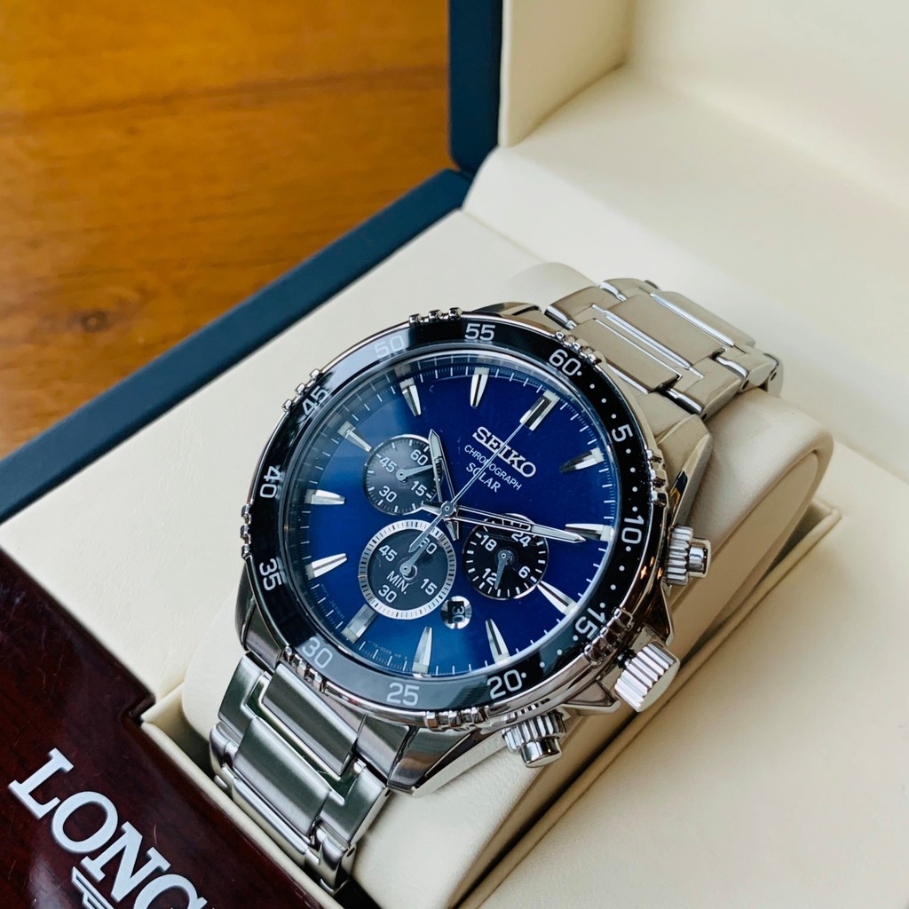 Đồng hồ Nam chính hãng Seiko Chronograph Solar SSC445P1 Mặt xanh,Lịch-Năng lượng ánh sáng-Dây kim loại cao cấp-Size 43mm