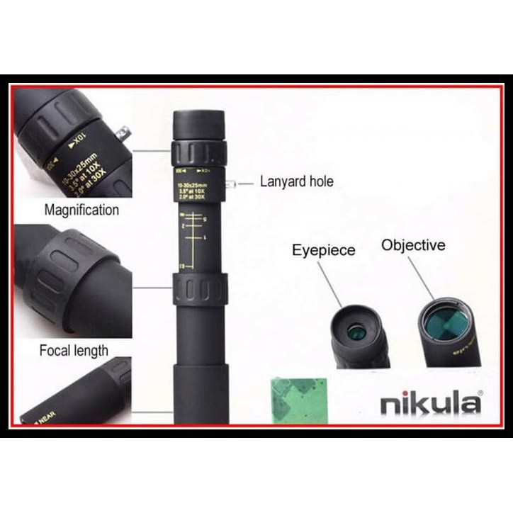 Ống Nhòm Một Mắt Nikula 10-30 X 25 Zoom - Hd Mini Bằng Nhôm