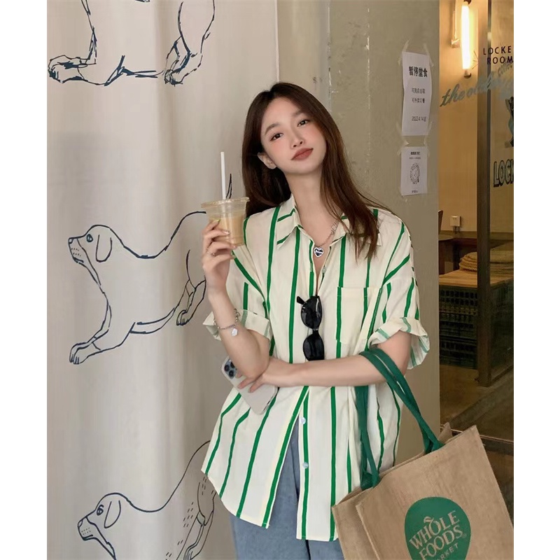 Áo Sơ Mi Ngắn Tay Họa Tiết Kẻ Sọc Màu Sắc Tương Phản Thời Trang Mùa Hè