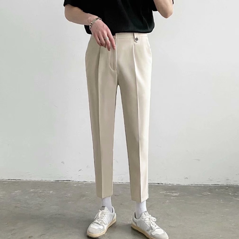 Quần tây vải lụa lạnh mỏng plus size dáng rộng ống đứng phong cách Hàn Quốc cho nam
