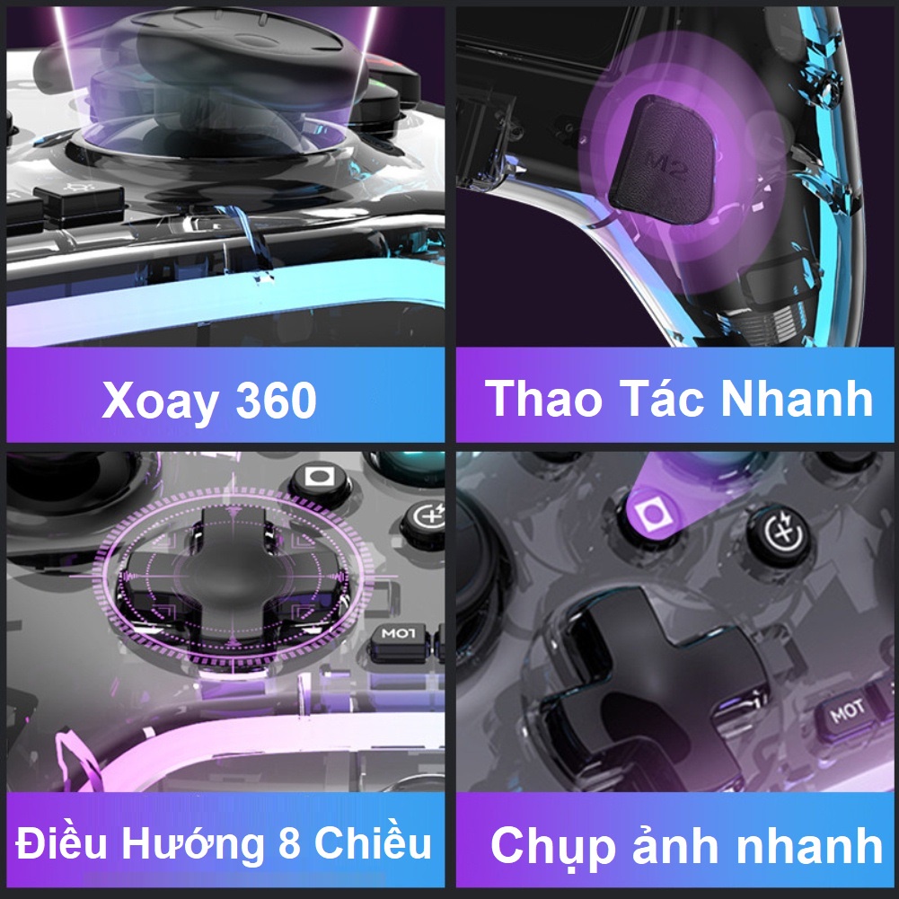 Tay Cầm Chơi Game Trong Suốt Đèn LED RGB, Wireless Controller Cho PC / Laptop / PS3 / PS4 / Android / IOS / Dual Rung