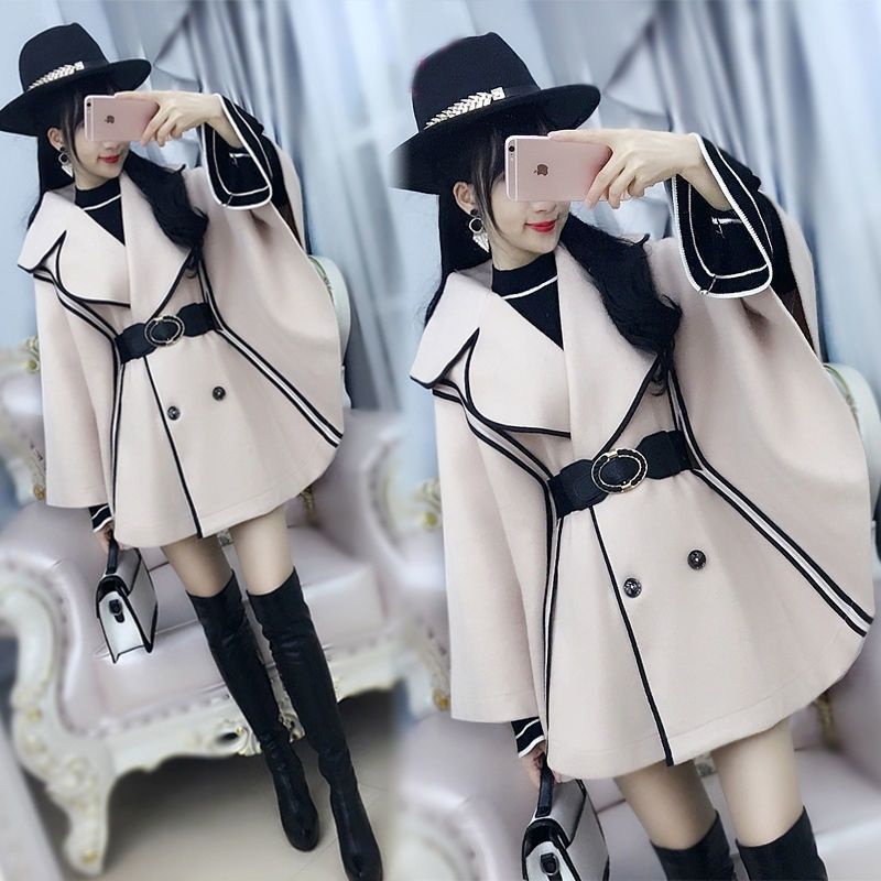 Áo khoác mùa đông thêm nhung dày thì áo lông dơi viền đen màu be, choàng nữ 2020 mới | BigBuy360 - bigbuy360.vn