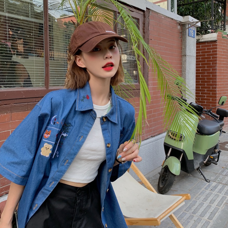  Áo sơ mi denim tay ngắn dáng rộng thêu họa tiết phong cách harajuku retro cho nữ | BigBuy360 - bigbuy360.vn