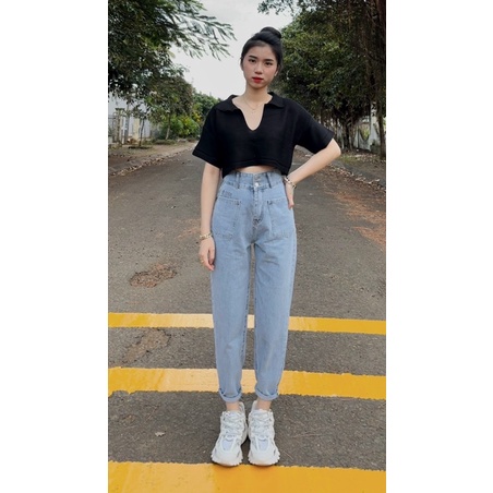 Quần baggy jean nữ Lê Huy Fashion lưng siêu cao 2 nút kiểu túi trước form đẹp giá rẻ MS 369