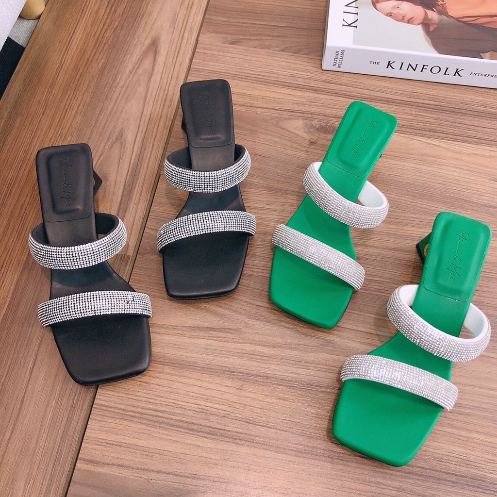 Dép cao gót guốc nữ 3p bản dây đôi xoàn đính đá góc tam giác đính ngọc siêu sang - Chị Chảnh Store