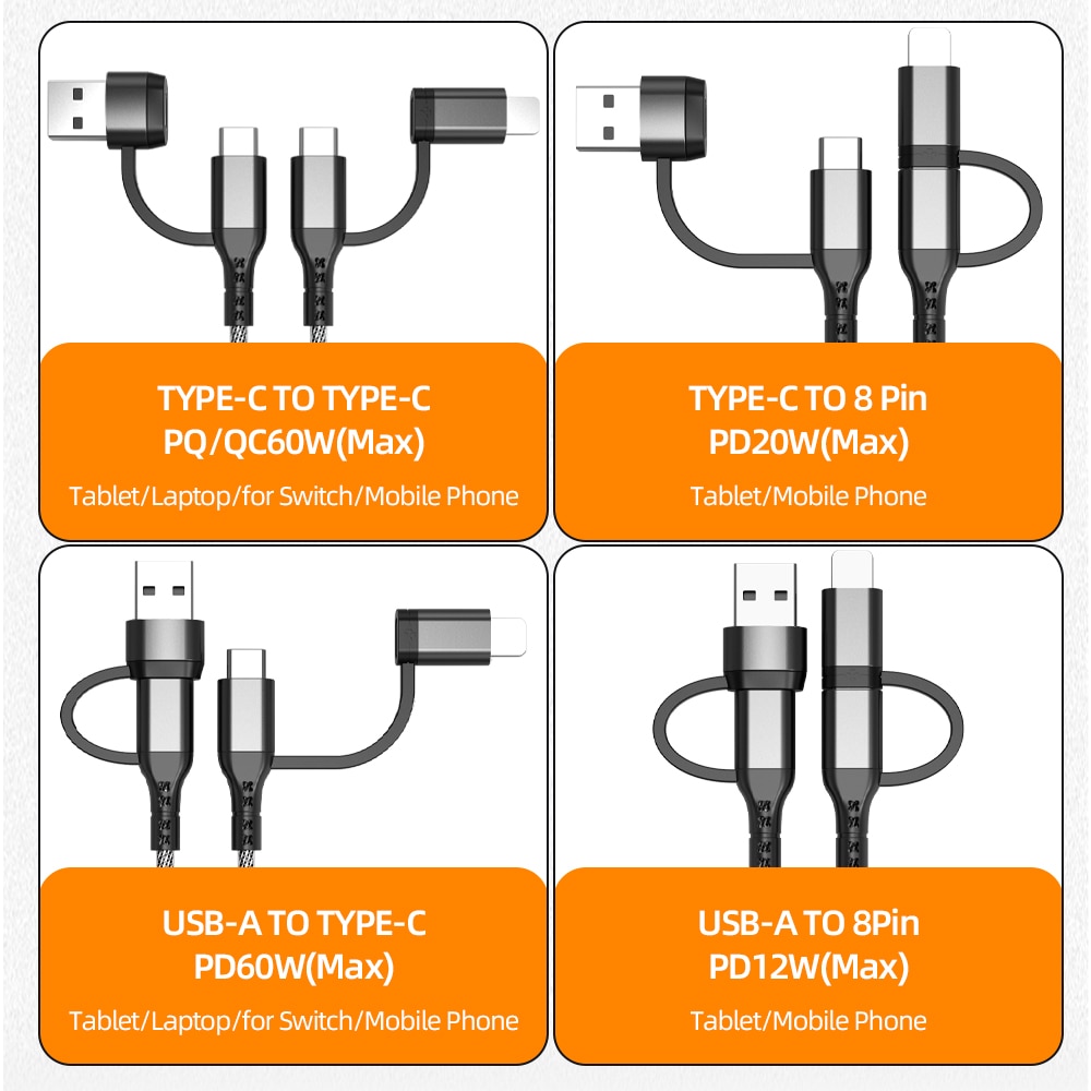 Accezz Cáp Sạc Nhanh 60W 4 Trong 1 PD Cho iPhone MacBook 480Mbps 60W 20V / 3A