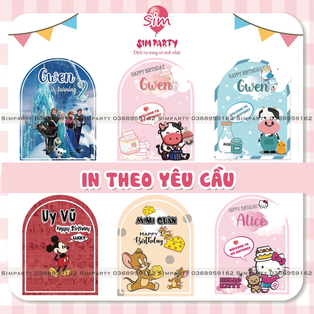 Backdrop trang trí sinh nhật bé trai bé gái phông bạt vải Silk, Hiflex in trực tiếp theo tên bé