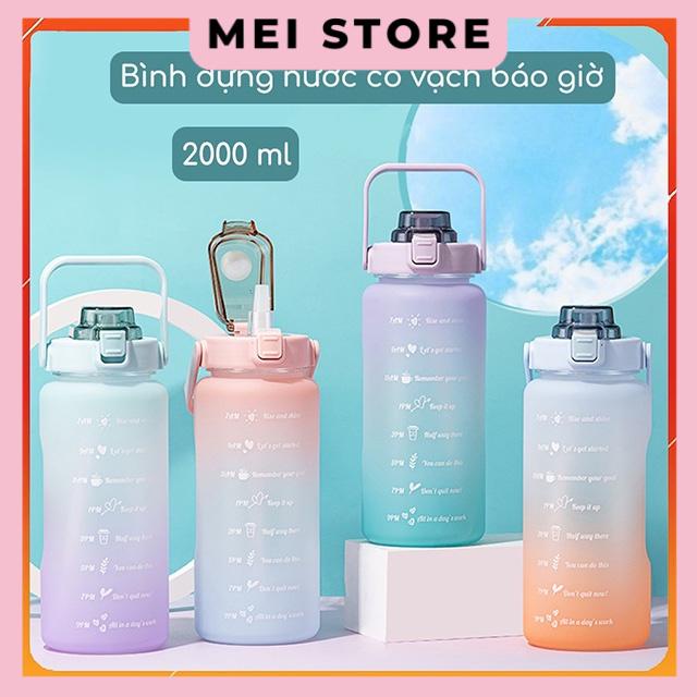 Bình Nước 2 Lít Dành Cho Người Lười Uống Nước Có Ống Hút, Vạch Chia Nhắc Giờ