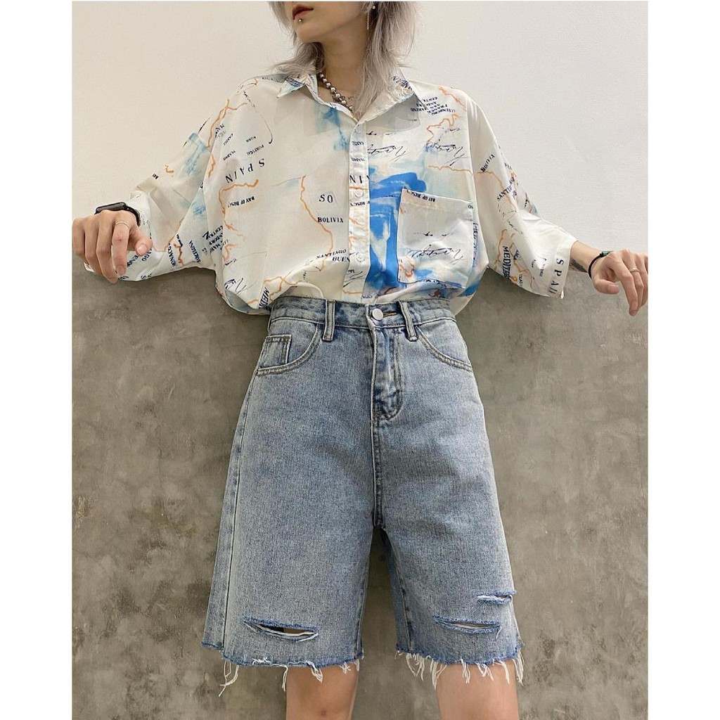 Quần short jean nữ lửng ngố ống rộng rách phong cách ullzzang mst4-2r