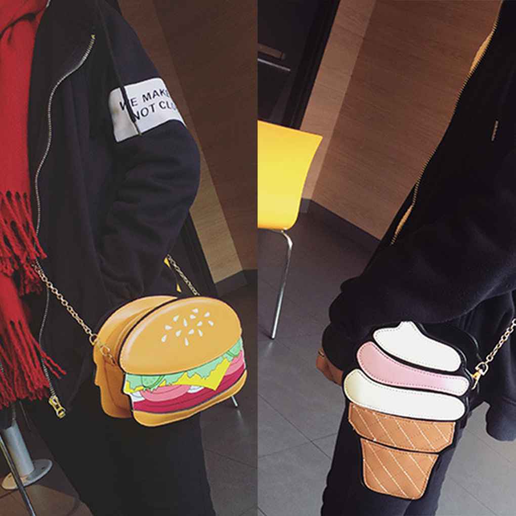 Túi đeo chéo da hình bắp rang bơ hamburger kem và khoai tây chiên