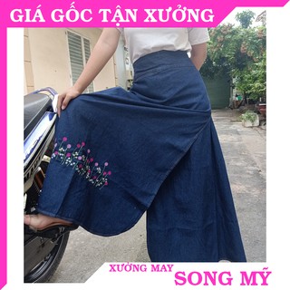 Váy chống nắng xẻ tà jean thêu hoa trinh nữ tím - có lưng thun co dãn tốt & nút bấm kim loại cao cấp