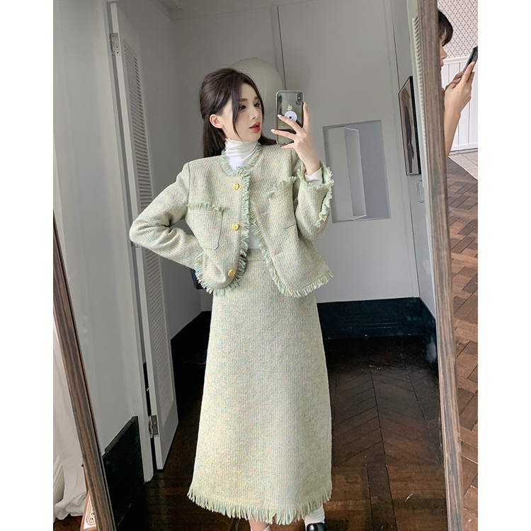 Set dạ tweed màu xanh cốm siêu xinh sang chảnh cho nàng diện đông Inin Shop