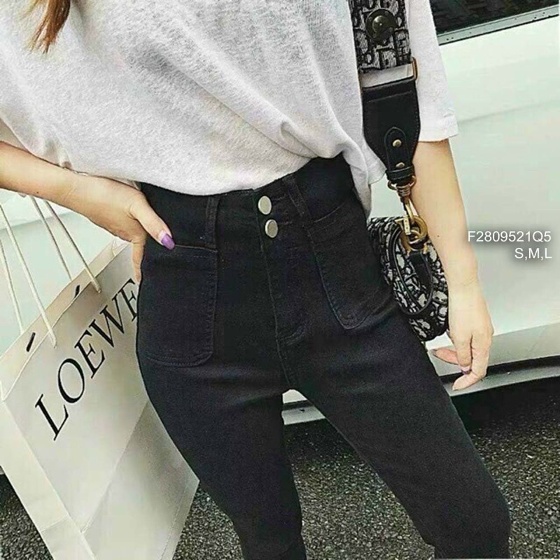 Quần jeans đen dài lưng cao