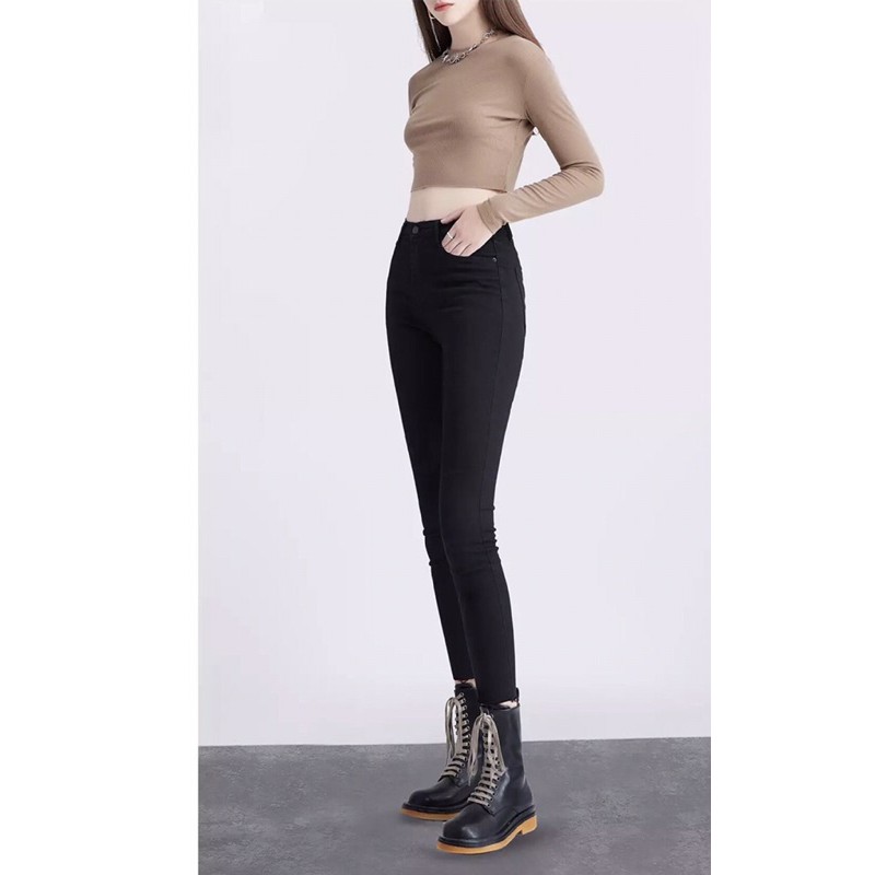 [60-95kg] Quần Jeans Lưng SIÊU Cao - Quần Cạp Cao Qua Rốn ĐEN TUYỀN Rách L Đùi