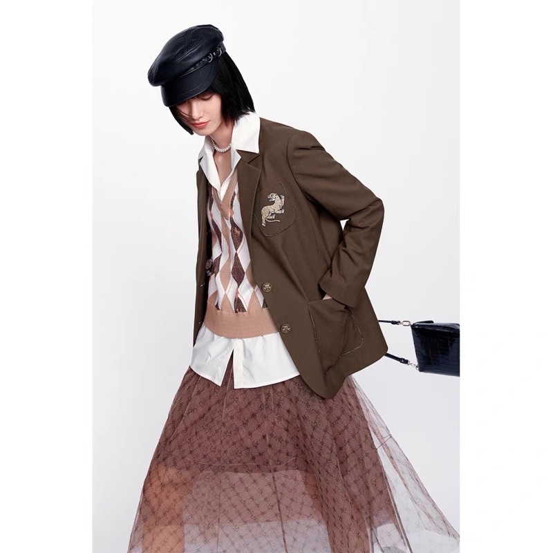 Chân váy nâu ren lưới Peacebird