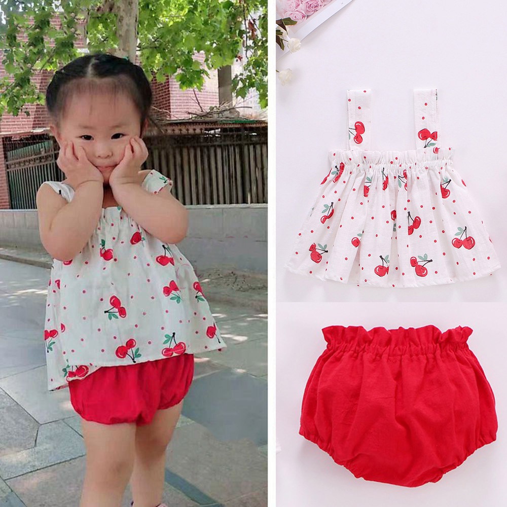 Bộ Trang Phục 2 Mảnh Gồm Đầm Hai Dây In Hình Quả Cherry + Quần Short Dễ Thương Dành Cho Bé Gái Sơ Sinh