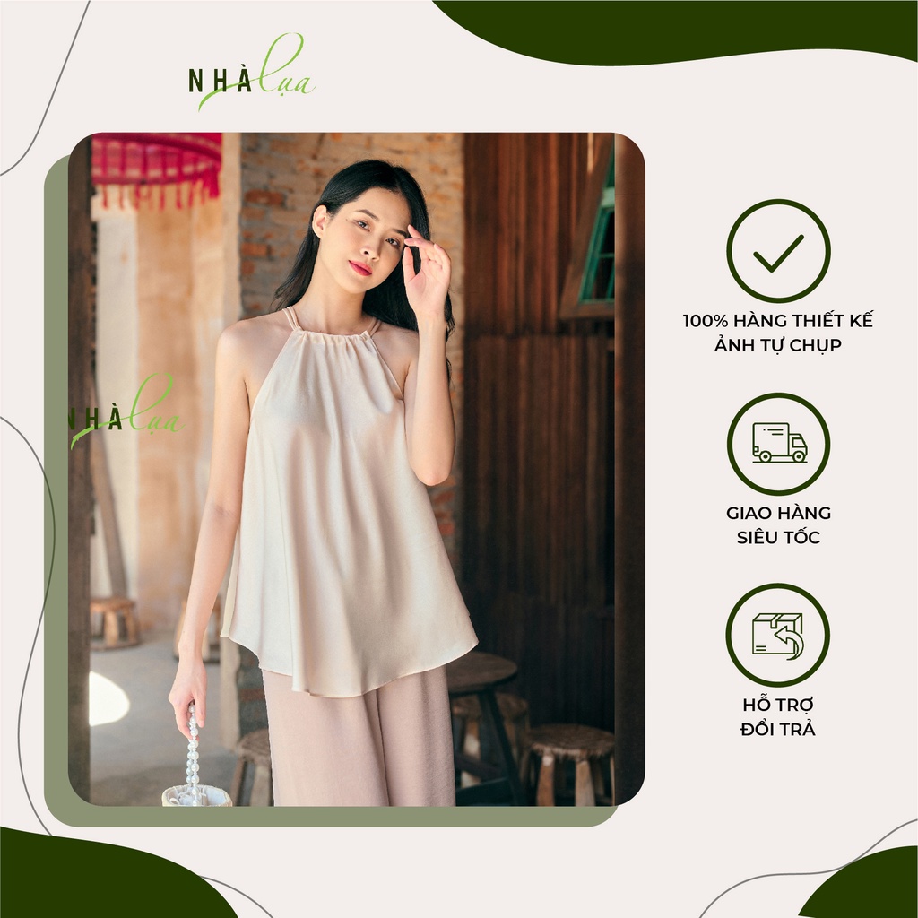 Set yếm nữ lụa Latin quyến rũ đi biển màu be - Áo yếm kèm quần lụa ống rộng tạo điểm nhấn - Nhà Lụa Store