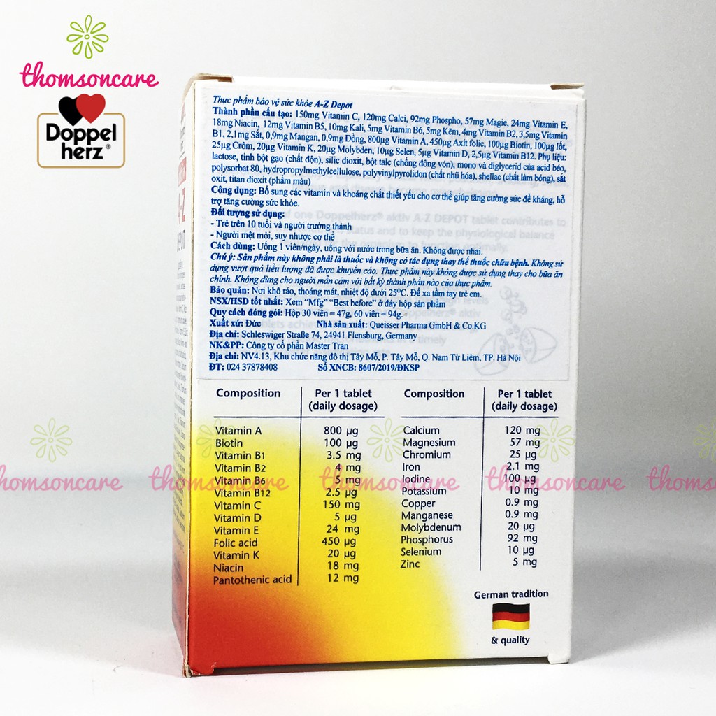 Bổ sung vitamin tổng hợp Aktiv A-Z Depot - nhập khẩu từ Doppelherz Đức, đầy đủ vtm A C D Canxi Magie kẽm | Thế Giới Skin Care