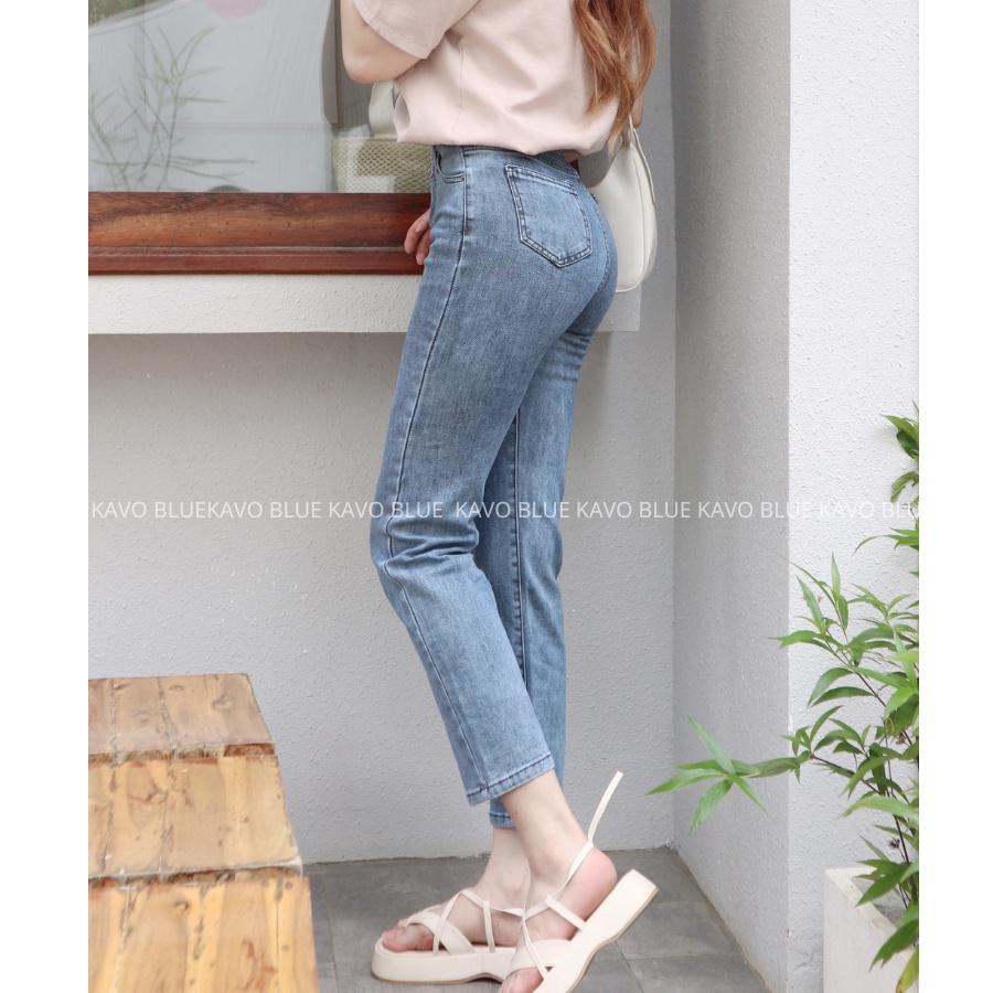 Quần Jeans Nữ Ống Đứng Co Giãn Hàn Quốc KAVO BLUE Lưng Cao Ống Suông Ghi Đá D61