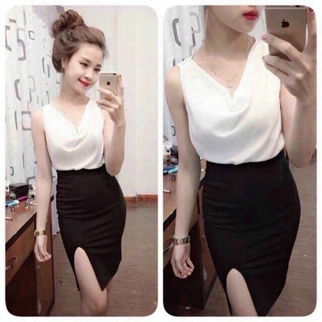 Set áo hai dây cổ đổ phối chân váy ôm xẻ đùi quyến rũ trẻ trung