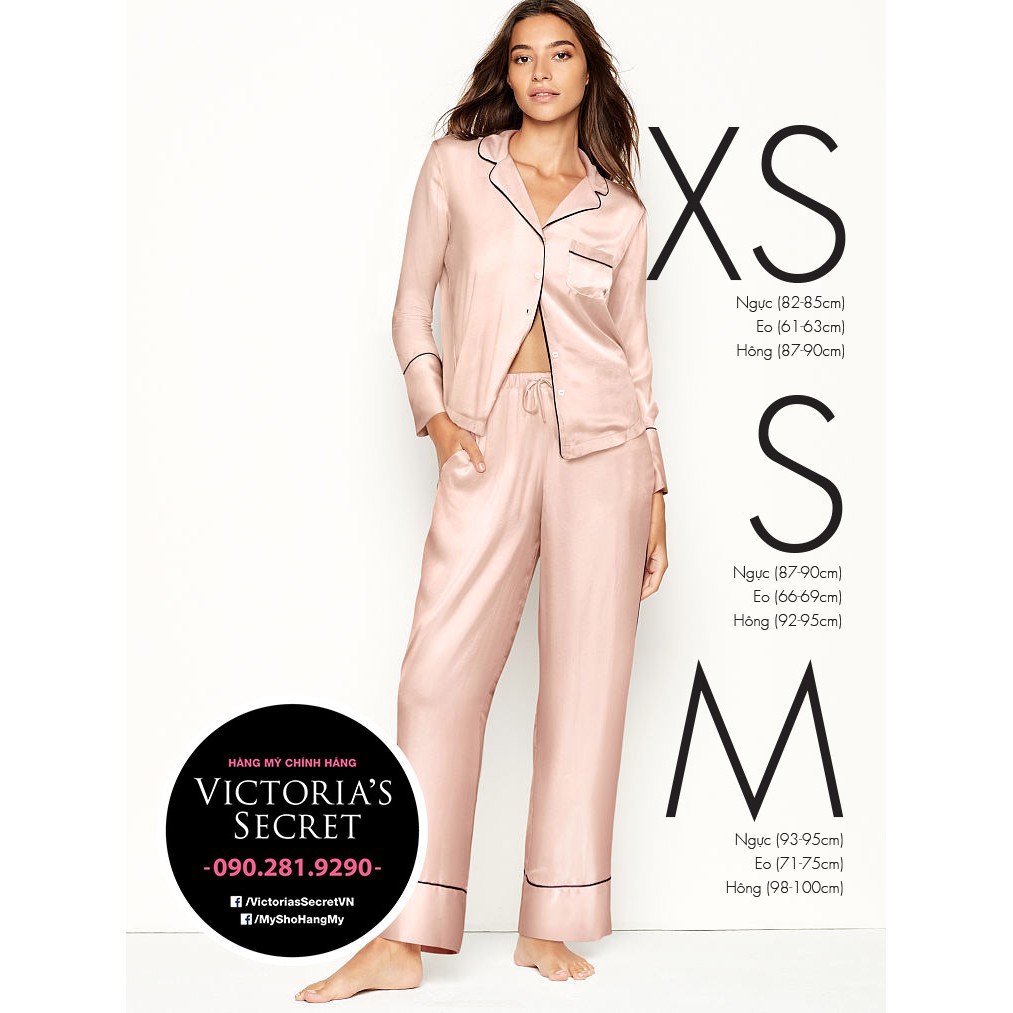 Size XS/S/M - Bộ Pijama Satin Hồng da xinh xắn, siêu cá tính, vải Satin đẹp, Pink Pizz - Victoria's Secret