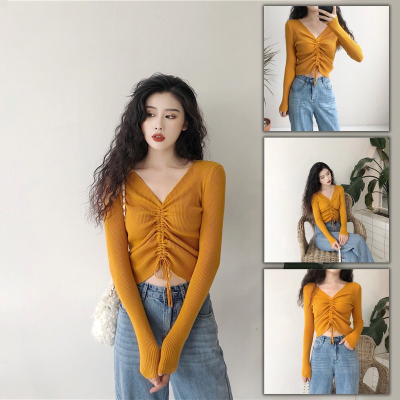 Áo nữ croptop FREESHIP đẹp tay dài cổ chữ V mã SP22 dây rút thời trang len hàn quốc cá tính