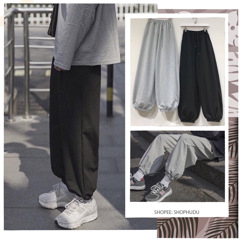 Q014 Quần jogger nam nữ xám đen hiphop Ulzzang, quần dài nỉ cạp chun thể thao mặc nhà, đi chơi ống rộng bo unisex