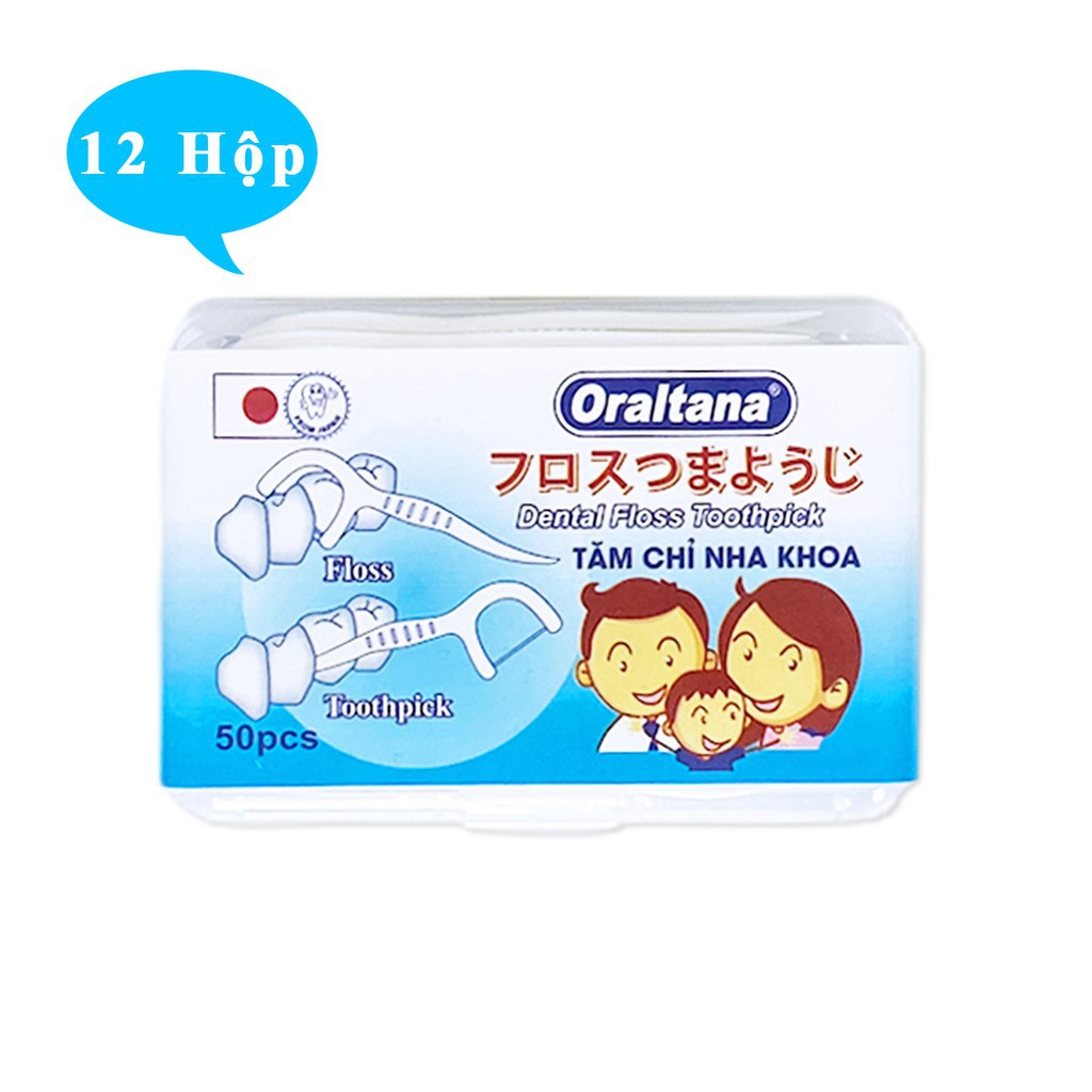 Tăm chỉ nha khoa Oraltana hộp 50 cái, ngăn chặn các mảng bám chân răng giúp giữ răng miệng sạch và chắc khỏe - Bộ 12 Hộp