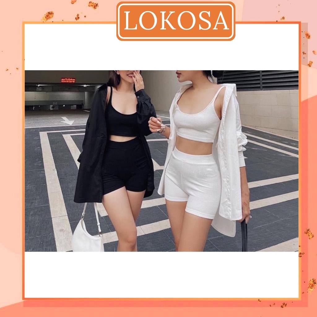 Set Bộ Thể Thao Nữ LOKOSA Set Áo Croptop Phối Quần Đùi Biker Ngắn Vải Mát Cá Tính Năng Động AO045