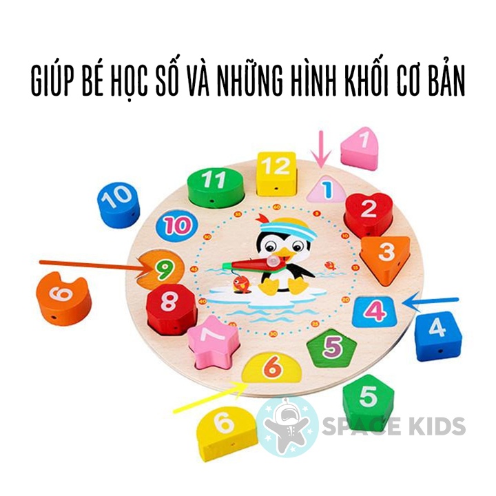 Đồ chơi Đồng hồ gỗ thông minh Space Kids cho bé học số, hình khối, màu sắc và học xem giờ