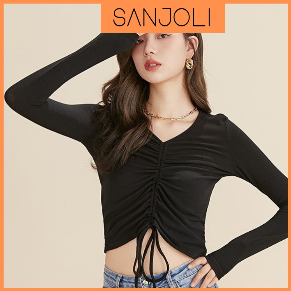 Áo Croptop Kiểu SANJOLI Áo Tay Dài Croptop Cổ Tim Rút Dây Kiểu Nữ Ôm Body Sexy Ulzzang Chất Vải Thun Gân AO042