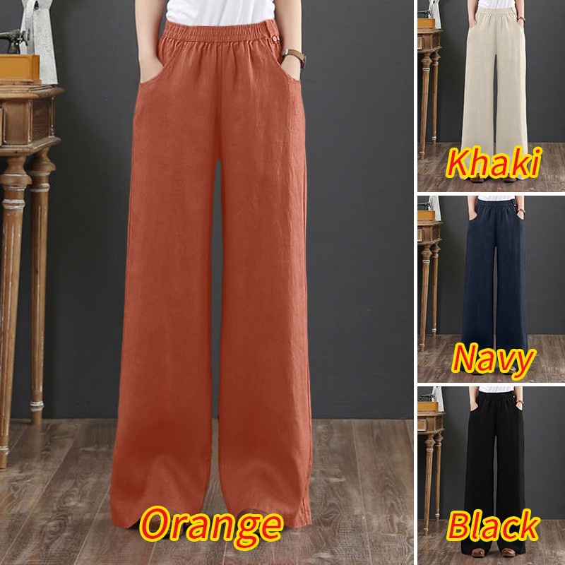 Quần ZANZEA cotton eo co giãn màu trơn ống rộng thời trang đơn giản thanh lịch cho nữ