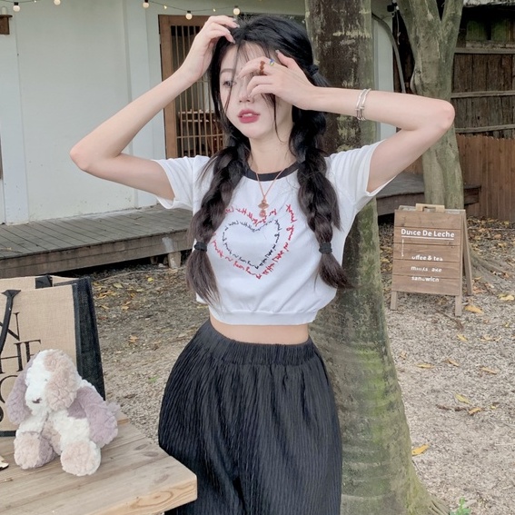 Áo thun dệt kim ZHELIHANGFEI tay ngắn hở eo thêu chữ dễ thương thời trang