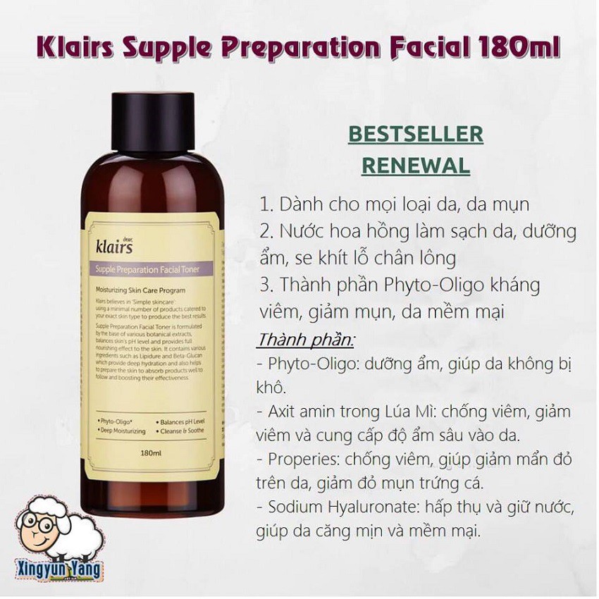Toner Klairs Supple Preparation Facial 180ml cho Da Nhạy Cảm